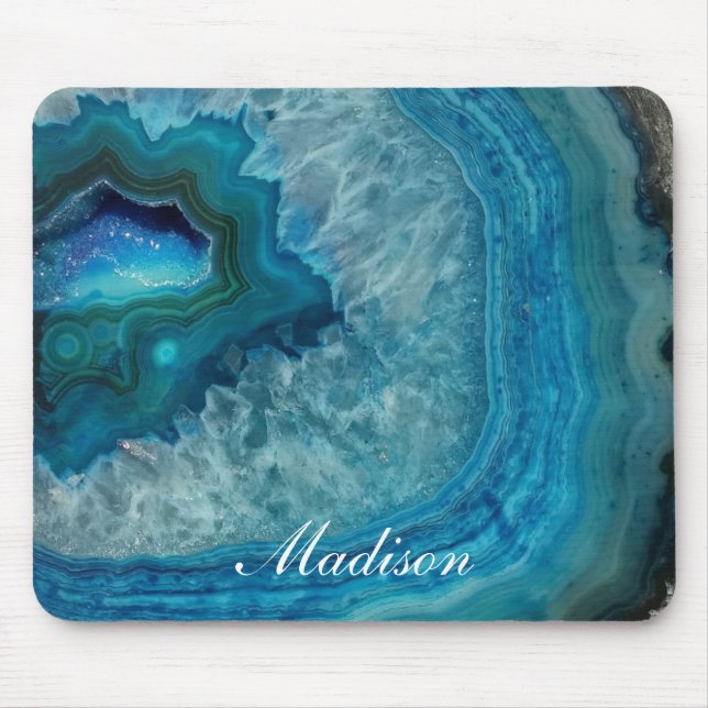 Tapis De Souris Géode d'agate bleu turquoise Monogramme Nom (Devant)
