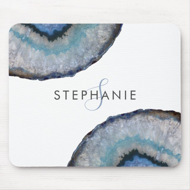 Tapis De Souris Géode de monogramme en agate grise bleue élégante (Devant)
