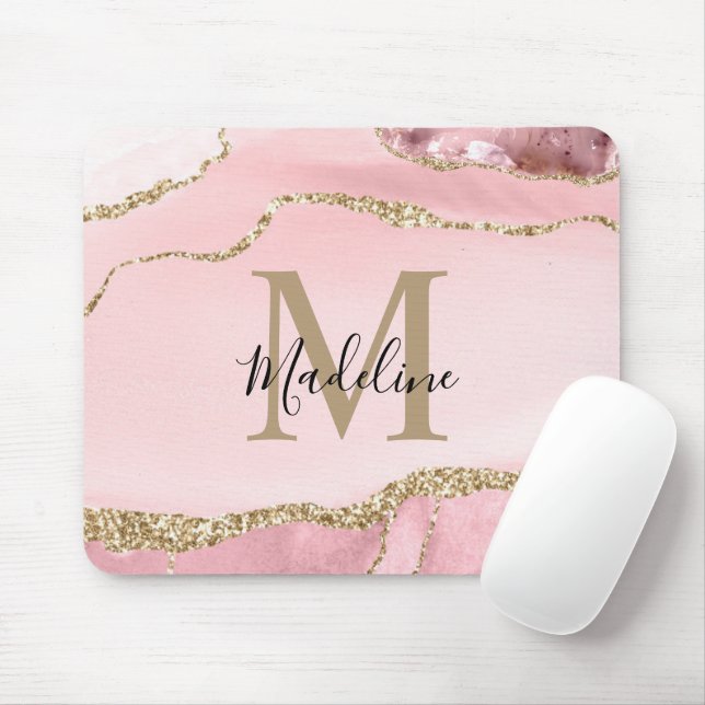 Tapis De Souris Géode d'or du script Monogramme moderne Blush Rose (Avec souris)