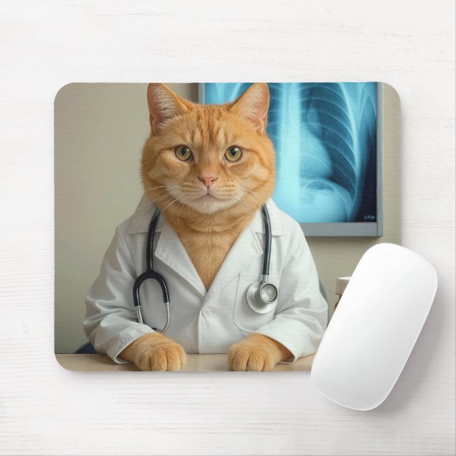 Tapis De Souris Ginger Cat Wearing a Doctor Lab Coat (Avec souris)