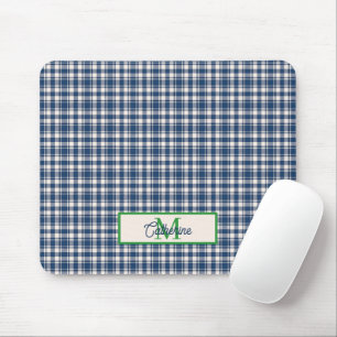 Tapis De Souris Gingham à carreaux bleu et vert Tartan Monogramme