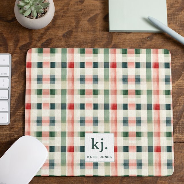 Tapis De Souris Gingham Monogramme Émeraude Douce (Créateur téléchargé)