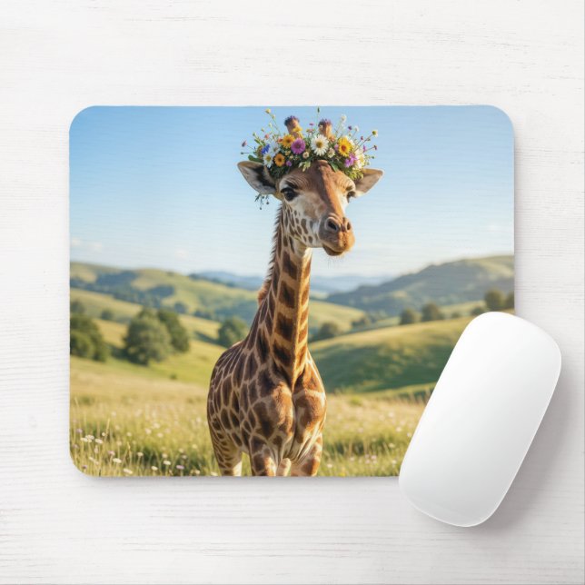 Tapis De Souris Girafe avec couronne florale (Avec souris)