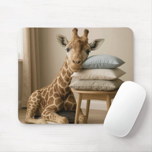 Tapis De Souris Giraffe Leaning On Pillow Stack (Avec souris)