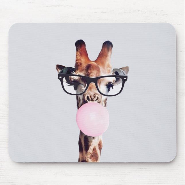 TAPIS DE SOURIS GIRAFFE PORTANT DES VERRES SOUFFRANT UN BUBBLEGUM  (Devant)