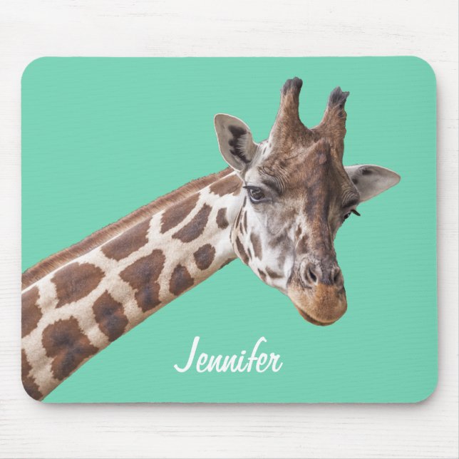 Tapis De Souris Giraffe sur Turquoise vert Nom personnalisé (Devant)