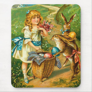 Tapis De Souris Girl & Bunnies Floral Vintage Paysage de Pâques