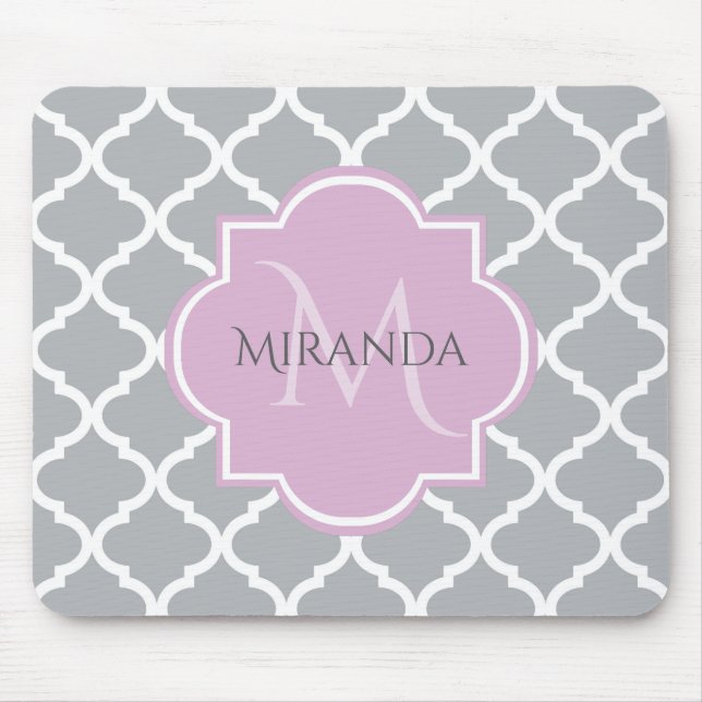 Tapis De Souris Girl Grey Quatrefoil Lavender Monogramme et nom (Devant)