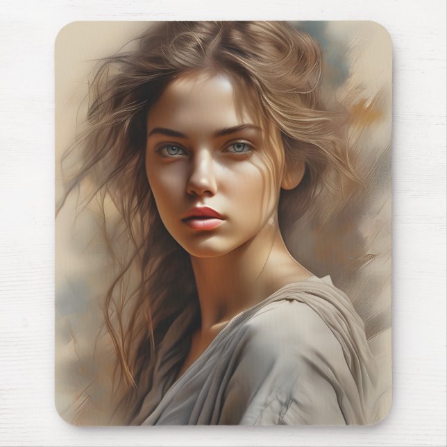 Tapis De Souris Girl Portrait est un dessin au crayon d'une femme. (Devant)