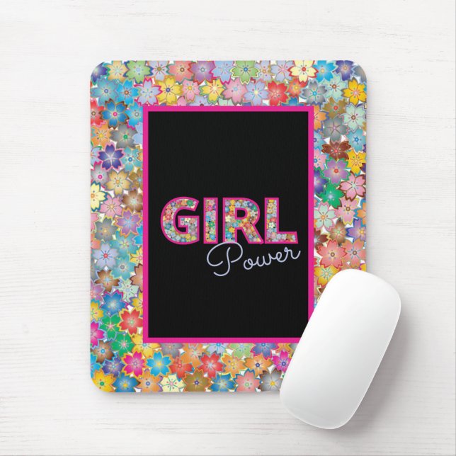 Tapis De Souris Girl Power | Fille rose belles femmes Fleurs sauva (Avec souris)