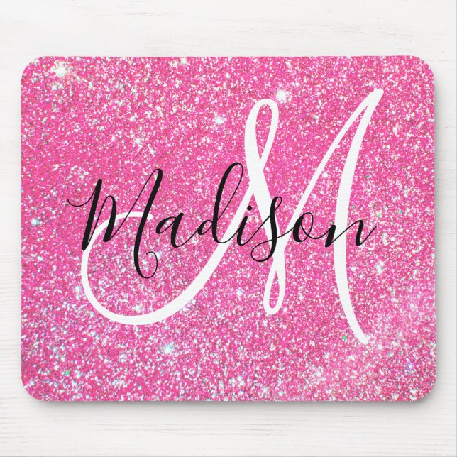 Tapis De Souris Girly Glam Hot Pink Glitter Sparkles Monogram Name (Devant)