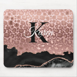 Tapis De Souris Girly Monogram Rose Gold Leopard And Black Marble