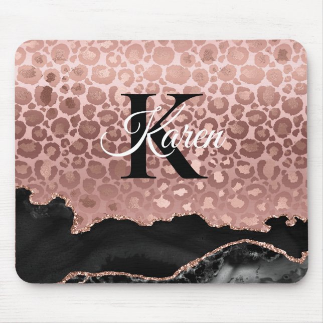 Tapis De Souris Girly Monogram Rose Gold Leopard And Black Marble (Devant)