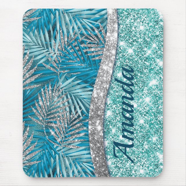 Tapis De Souris Girly teal green silver glitter leaves monogram (Devant)