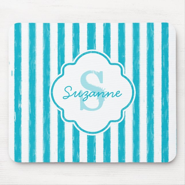 Tapis De Souris Girly Turquoise Peint Stripes Monogramme et nom (Devant)
