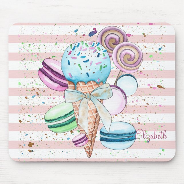 Tapis De Souris Glace à l'aquarelle,Macarons,Rayes roses (Devant)