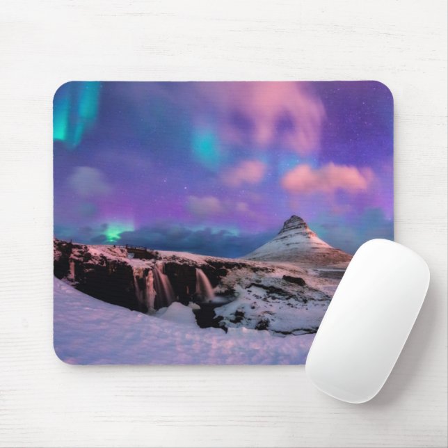 Tapis De Souris Glace et neige | Lumières du Nord, montagne Kirkju (Avec souris)