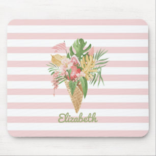 Tapis De Souris Glace,Tropical Leaves Fruit,Rayures Roses