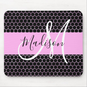Tapis De Souris Glam Black Metallic Rose Honeycomb Nom du monogram