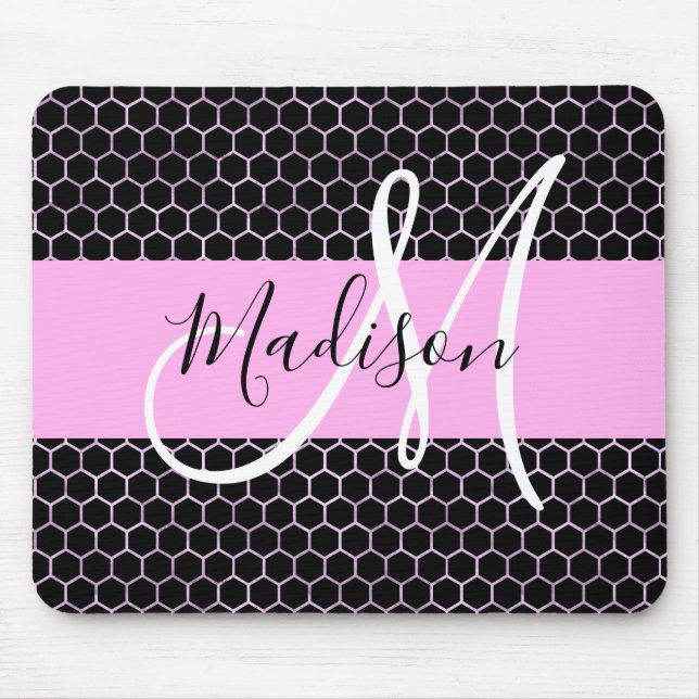 Tapis De Souris Glam Black Metallic Rose Honeycomb Nom du monogram (Devant)