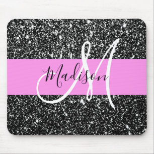 Tapis De Souris Glam Chic Rose Noir Paillettes Brillantes Monogram