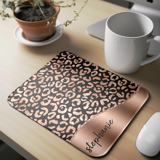 Tapis De Souris Glam Faux Foil Leopard Spots Rose Gold Black Name (Créateur téléchargé)