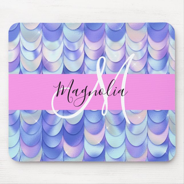 Tapis De Souris Glam Iridescent Écailles de Sirène Monogramme Nom (Devant)