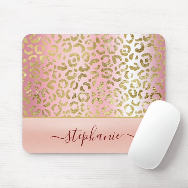 Tapis De Souris Glam Pink Ombre Gold Leopard Pattern Personalized (Avec souris)