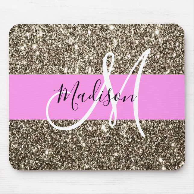 Tapis De Souris Glam Rose Champagne Or Glitter Monogramme (Devant)