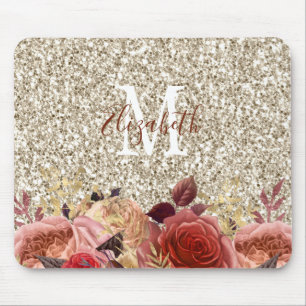 Tapis De Souris Glam Rose Gold Floral Monogram Glitter