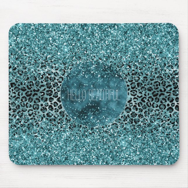 Tapis De Souris Glam Turquoise Turquoise Blue Empreinte de léopard (Devant)