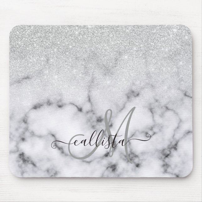 Tapis De Souris Glamorous Silver White Glitter Marble Gradient (Devant)