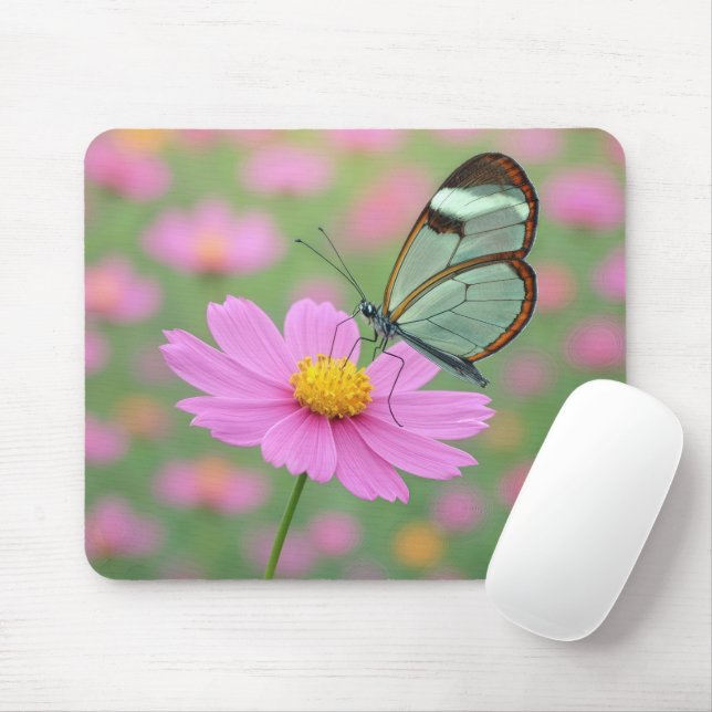 Tapis De Souris Glasswing Butterfly On a Cosmos Flower (Avec souris)