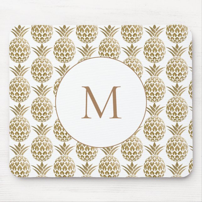 Tapis De Souris Glittery Gold Ananas Motif Monogramme blanc (Devant)