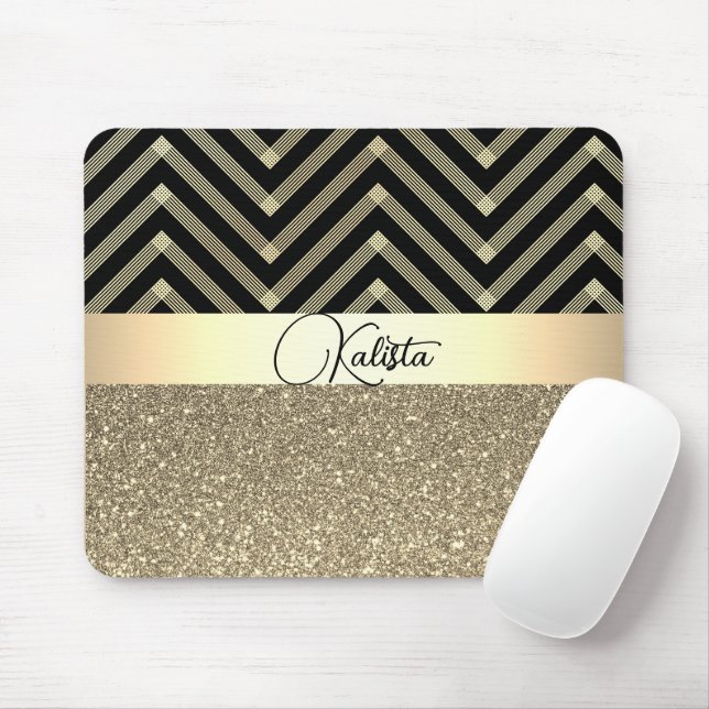 Tapis De Souris Glittery Gold et Black Chevron Personnalisé (Avec souris)
