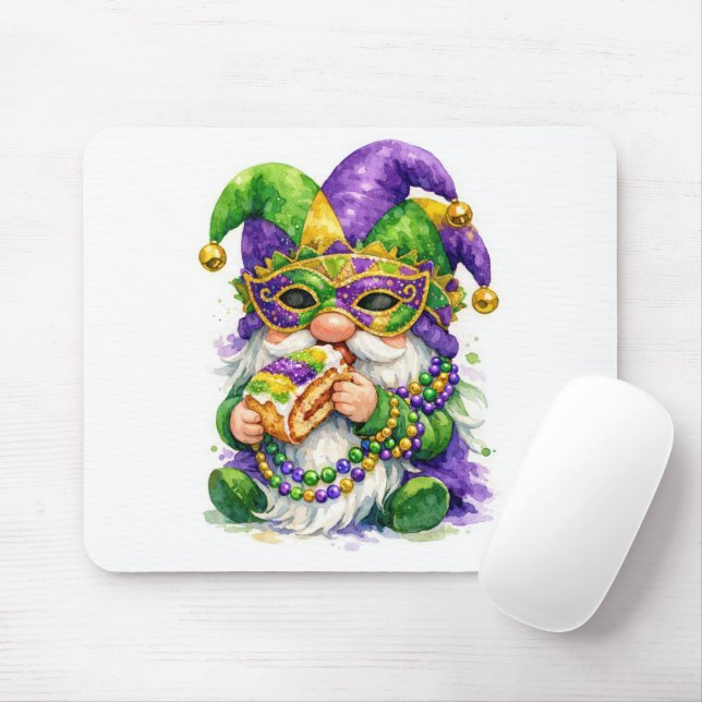 Tapis De Souris Gnome de Mardi Gras mangeant une galette des rois (Avec souris)