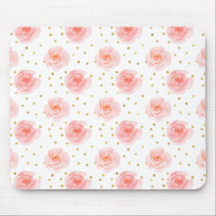 Tapis De Souris Gold Confetti Roses d'aquarelle rose