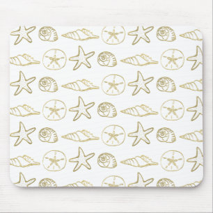 Tapis De Souris Gold Foil Look Sea Shells Chic Beach Elegant Blanc