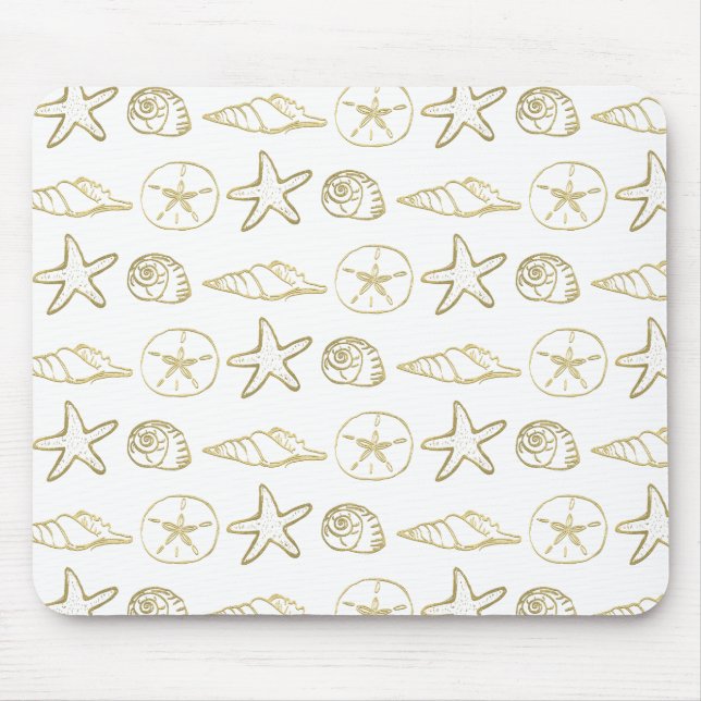 Tapis De Souris Gold Foil Look Sea Shells Chic Beach Elegant White (Devant)