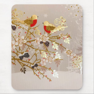 Tapis De Souris Gold hiver Oiseaux de neige Pays Noël