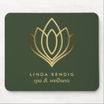 Tapis De Souris Gold lotus logo Green | Personalized add your name<br><div class="desc">Elegant business cards for massage studios,  massage therapy,  spas or wellness professionals feature a faux gold foil lotus flower illustration.
Customize the front with two lines of custom text on trendy hunter green background using the template.
 A chic design for any wellness industry or holistic health related profession</div>