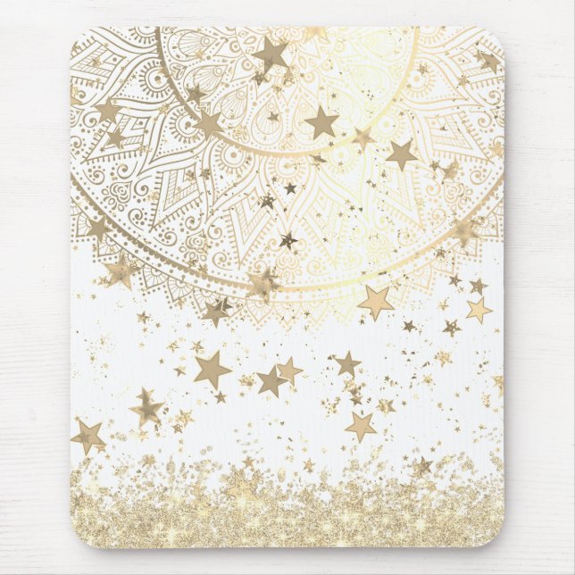 Tapis De Souris Gold Lotus Mandala avec Gold Stars sur Blanc (Devant)