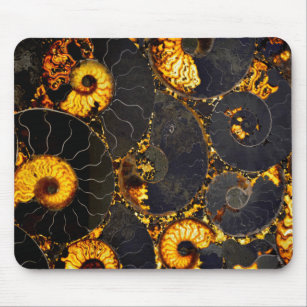 Tapis De Souris Golden Amber black Nautilus shell pattern, fossil 