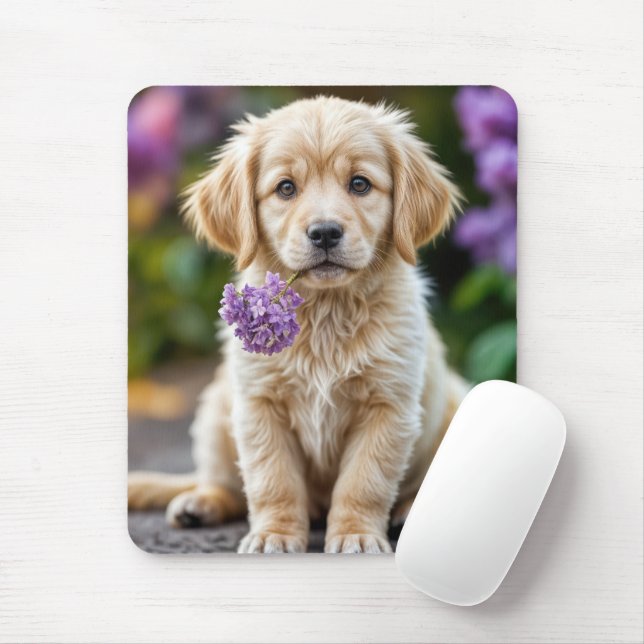 Tapis De Souris Golden Retrieve Chiot Avec Lilacs (Avec souris)