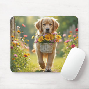 Tapis De Souris Golden Retriever à pied avec un panier à fleurs