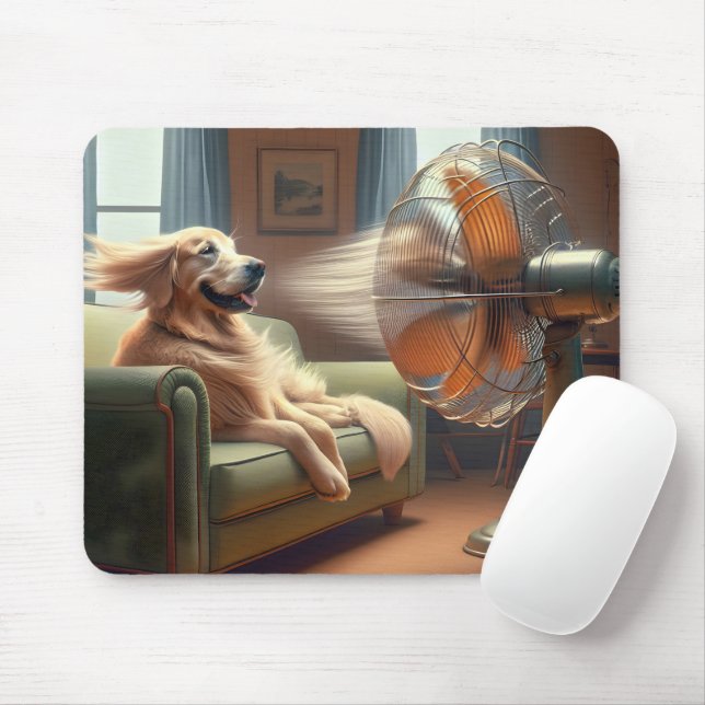 Tapis De Souris Golden Retriever assis devant le ventilateur (Avec souris)