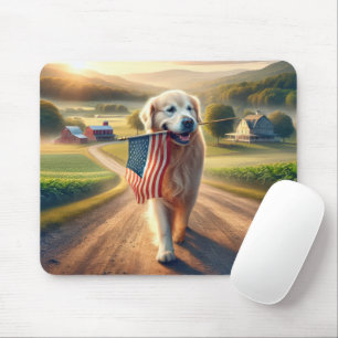 Tapis De Souris Golden Retriever avec drapeau américain