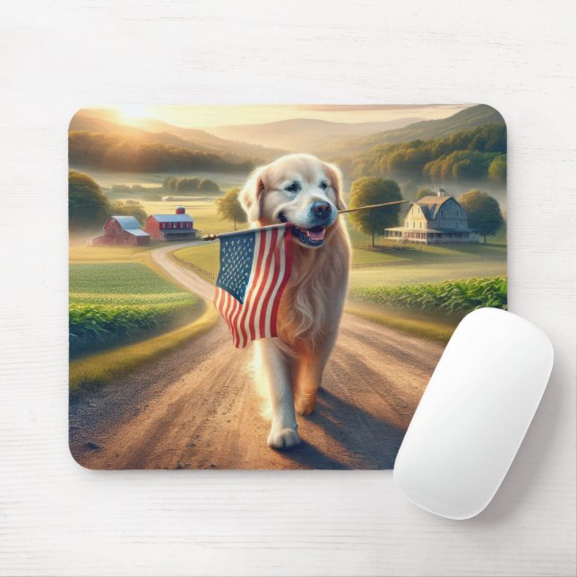 Tapis De Souris Golden Retriever avec drapeau américain (Avec souris)