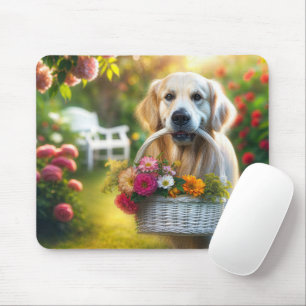 Tapis De Souris Golden Retriever avec un panier de fleurs