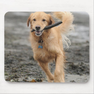 Tapis De Souris Golden Retriever courant avec un bâton dans la bou